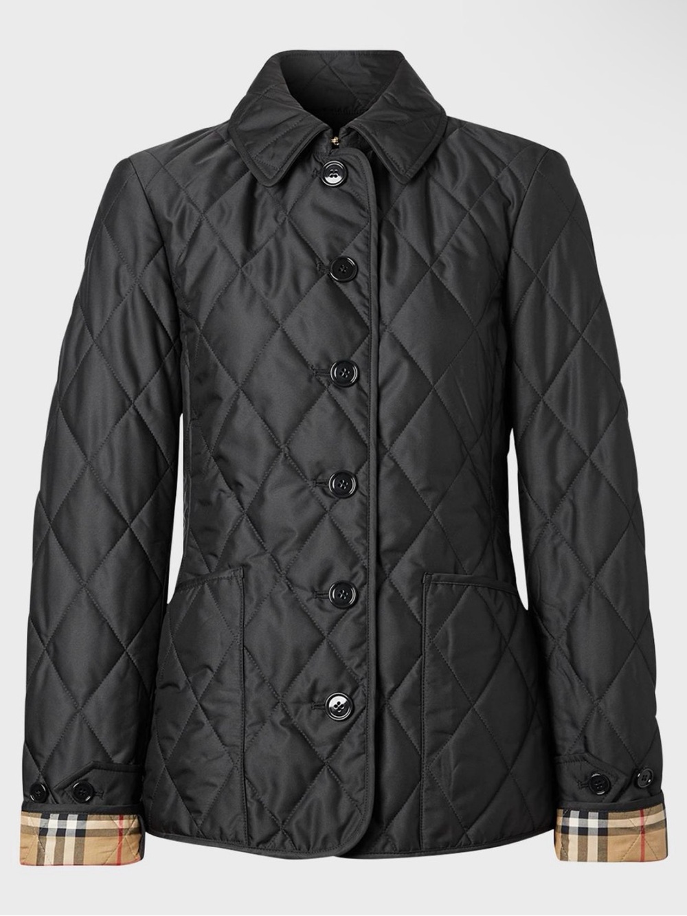 Burberry Black Quilted Button-Front Jacket with Check Cuff Detail